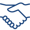 Simple blue outline drawing of two hands shaking, representing a handshake or agreement, on a light background.