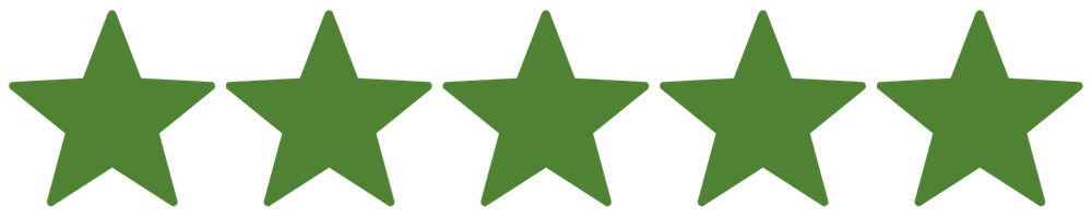 Five green stars in a row on a white background, commonly used to represent a five-star rating or positive review.